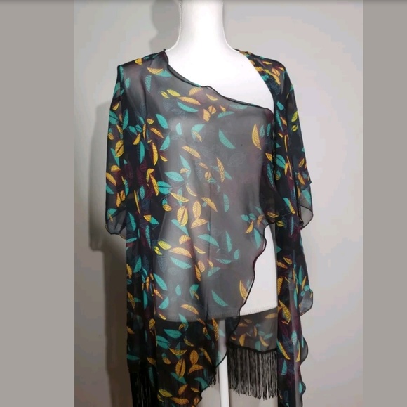LuLaRoe Black Sheer Kimono | Teal & Orange Leaf Print | Fringe Hem | Small - Picture 4 of 6